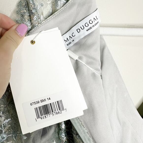 Mac Duggal 67539 Sea Mist Embellished Illusion V Neck Long Sleeve Gown 14 $698 - Picture 8 of 10